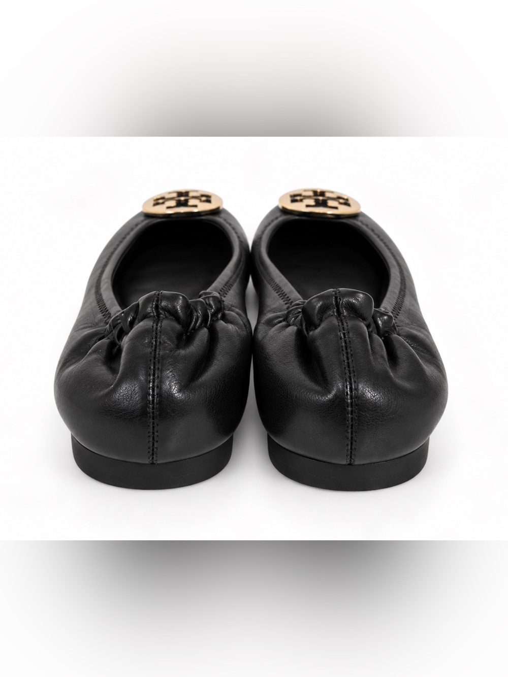 Tory Burch Black Leather Ballet Flats Gold Logo Medallion Almond Toe Size 9 EUC - Picture 4 of 6